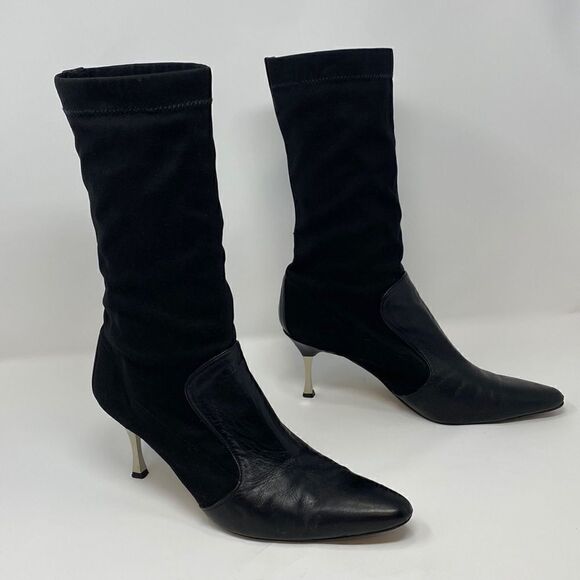 Timothy Hitsman Leather & Spandex Metal Heel Calf Length Boots - Picture 2 of 11